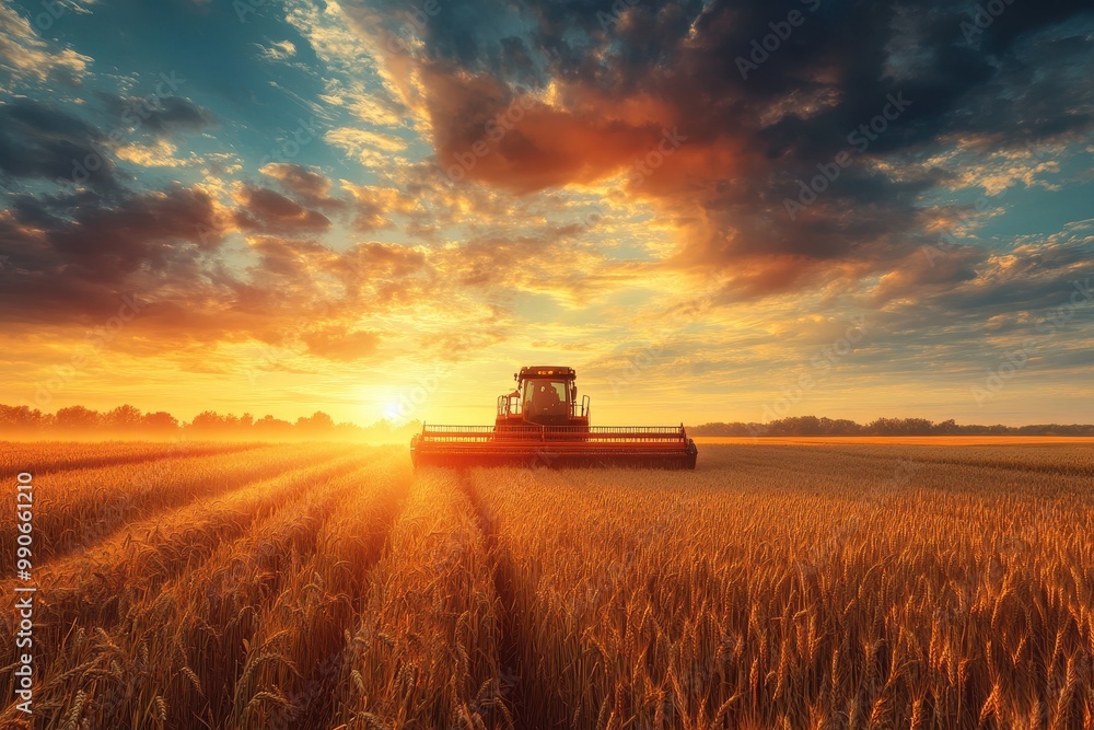 Fototapeta premium A combine harvester collects wheat winter cereals alfalfa grass and hay under a dramatic sunset sky Focused view