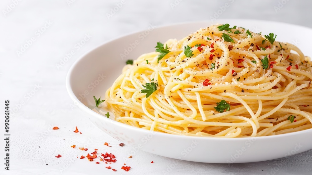 Spaghetti aglio e olio, topped with sauteed garlic, chili flakes, and fresh parsley for a simple yet flavorful dish Spaghetti aglio e olio, topped with sauteed garlic, chili flakes, and fresh parsley for a simple yet flavorful dish