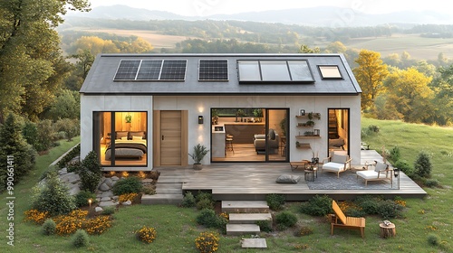 A compact and stylish tiny house with an eco-friendly design, featuring solar panels, large windows, space-saving furniture, and wooden accents, set against a backdrop of rolling hills and greenery, photo