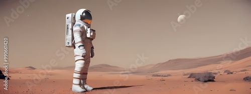 Astronaut on Mars. Martian Landscape Aerial illustration with highly detailed and ultrawide 32:9 aspect ratio