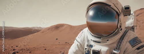 Astronaut on Mars. Martian Landscape Aerial illustration with highly detailed and ultrawide 32:9 aspect ratio