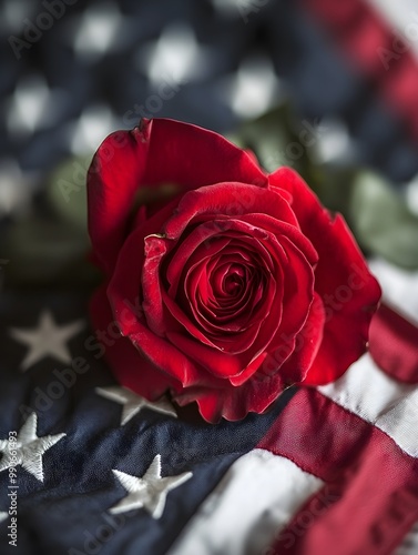 Red rose on folded American flag, symbolizing honor and remembrance, bright and detailed lighting