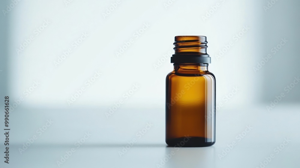 A small amber glass bottle with a black cap, commonly used for essential oils or liquids. A small amber glass bottle with a black cap, commonly used for essential oils or liquids.