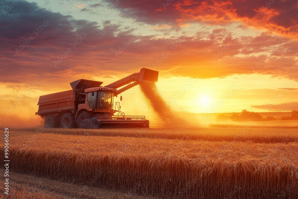 Fototapeta premium A combine unloads wheat into a truck during sunset on a farm