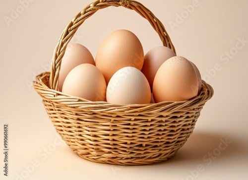 Wallpaper Mural A basket of fresh eggs on beige background. brown chicken egg in wicker bowl Torontodigital.ca