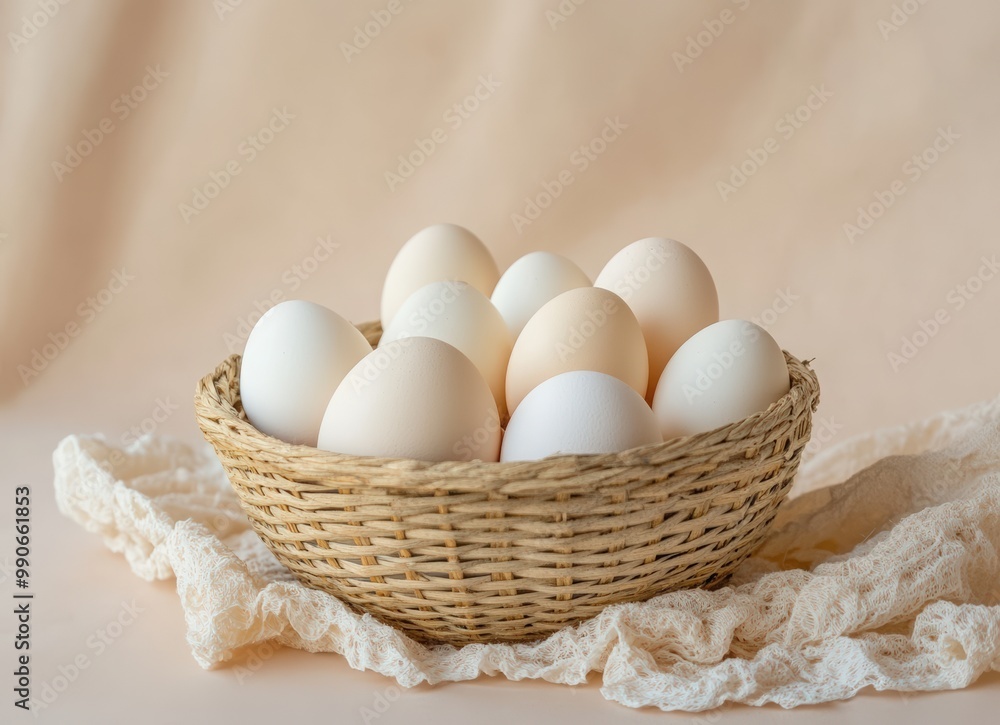 A basket of fresh eggs on beige background. brown chicken egg in wicker bowl A basket of fresh eggs on beige background. brown chicken egg in wicker bowl