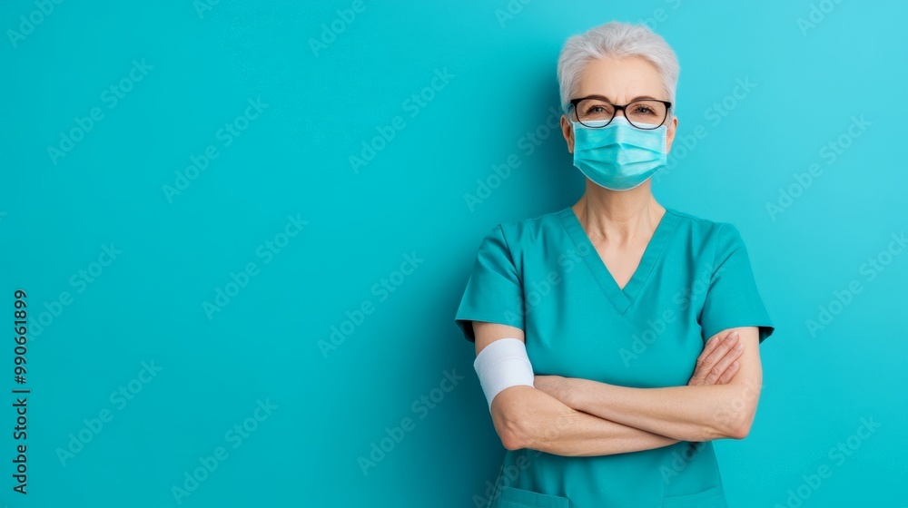 Elderly woman wearing a face mask, smiling confidently, representing safety, health, and positivity during the pandemic. Elderly woman wearing a face mask, smiling confidently, representing safety, health, and positivity during the pandemic.