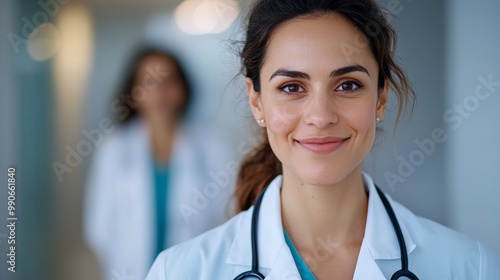 Young female doctor in a hospital setting, wearing a white coat and pink stethoscope, representing professionalism and care in healthcare.