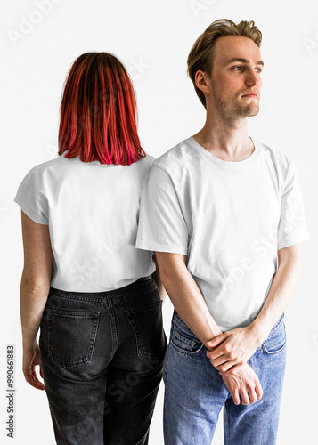 Couple's white tee mockup png casual apparel