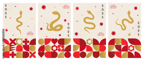 Vector set of Happy Chinese New Year 2025 vertical posters. Backgrounds with a snake and geometric shapes. Vector illustration.