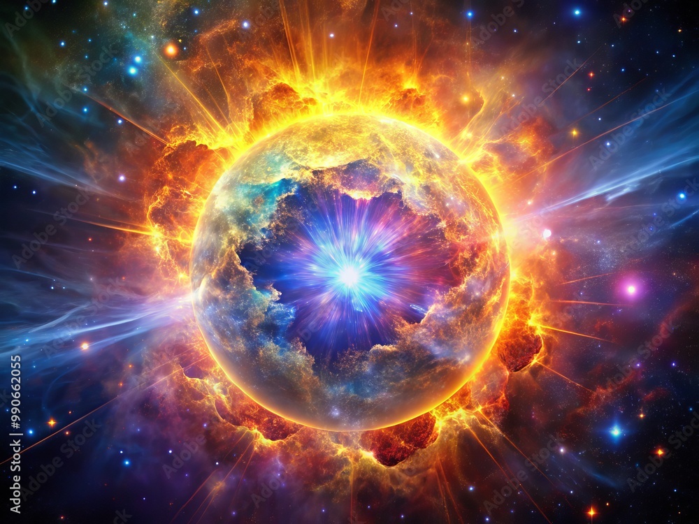 Fototapeta premium A celestial behemoth explodes, radiating vibrant hues from its core as it spreads its light across the vast