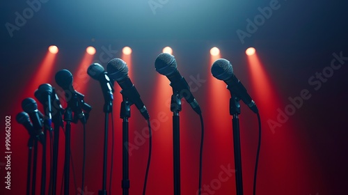 Empty debate stage with multiple microphones under a bright spotlight, ready for a political candidate's speech or business