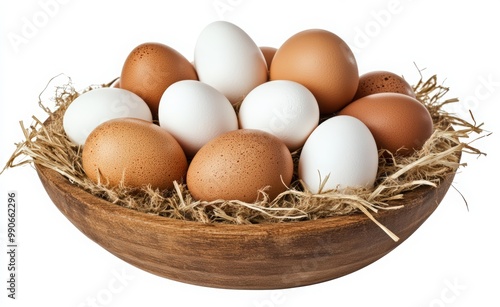 A basket of fresh eggs on beige background. brown chicken egg in wicker bowl