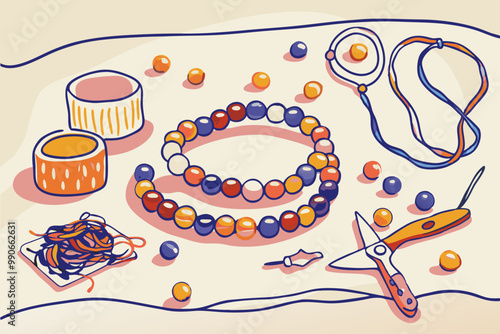 Colorful Handmade Jewelry Crafting on Worktable with Beads and Tools
