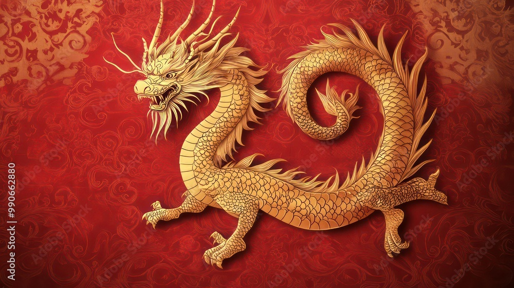 Golden dragon with detailed scales and horns on a red background. Golden dragon with detailed scales and horns on a red background.