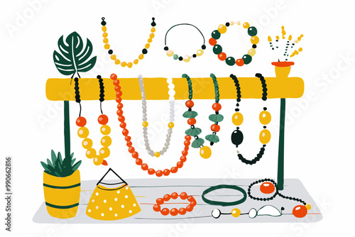 Vibrant Handmade Jewelry Display with Plants and Accessories
