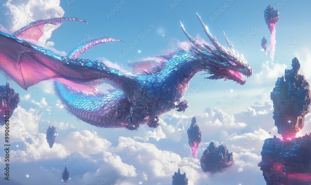 Obraz premium A dragon flies past floating islands.