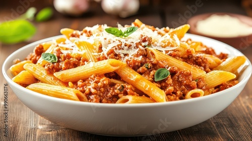 Wallpaper Mural Bowl of penne pasta covered in a robust bolognese sauce, topped with shaved Parmesan and a sprinkle of oregano Torontodigital.ca