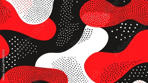 Bold curves and playful dots create a dynamic red and black abstract pattern, perfect for contemporary textiles or artistic wallpaper projects. photo