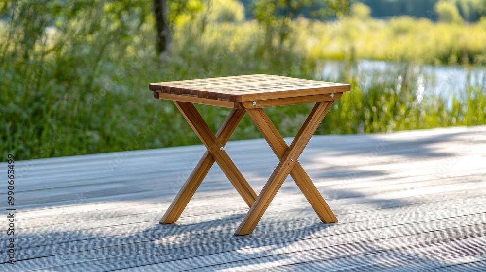Wooden Folding Table on Outdoor Deck by Water Wooden Folding Table on Outdoor Deck by Water