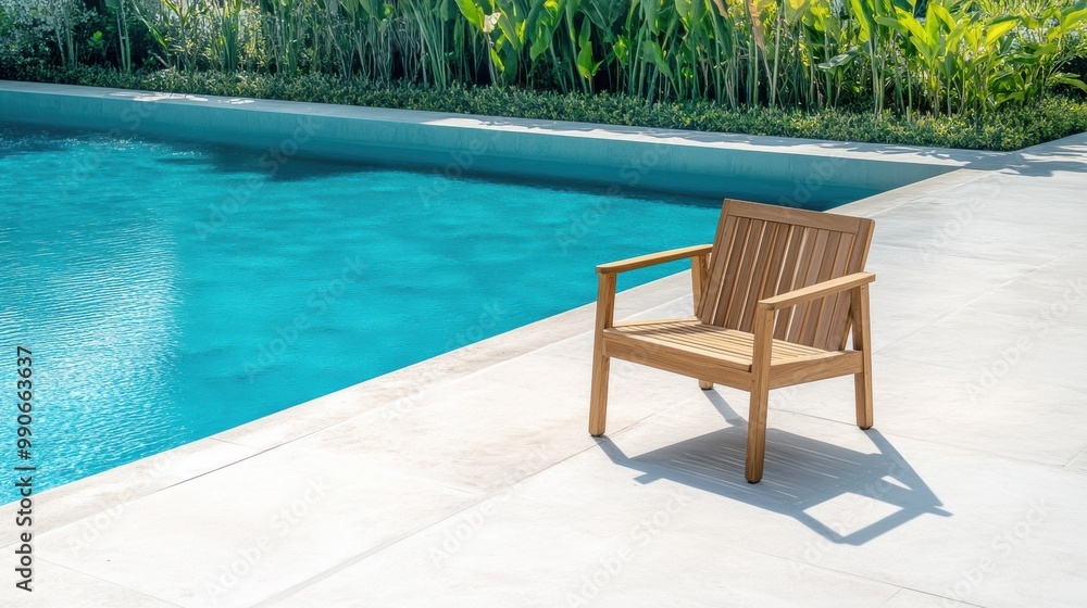 Wooden Chair by Poolside with Tropical Background Wooden Chair by Poolside with Tropical Background