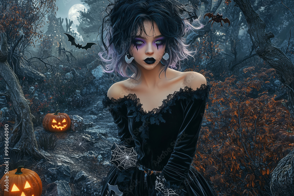 Fototapeta premium Adult woman in a gothic emo Halloween style