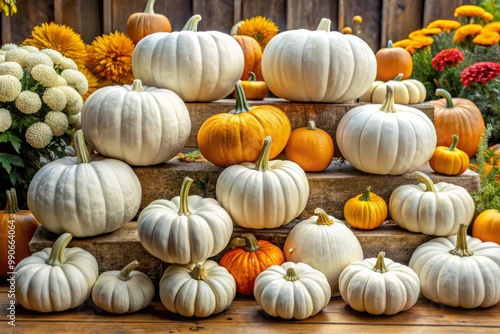 A collection of white pumpkins, in various shapes and sizes, is creatively curated in a visually appealing arrangement photo