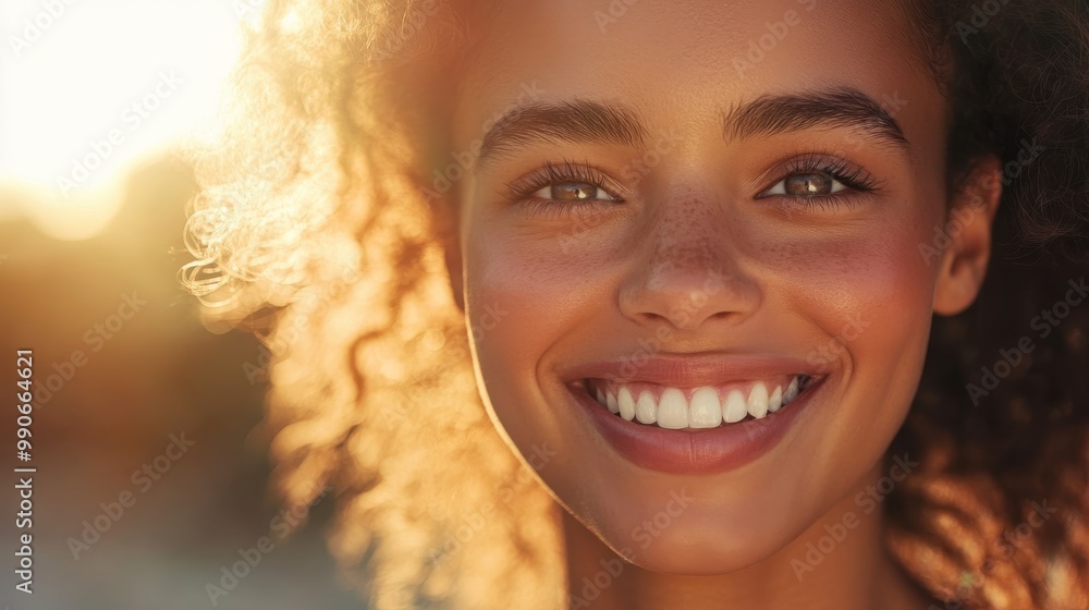 A young woman with curly hair smiles brightly in sunset light showcasing joy and warmth during an outdoor gathering in nature A young woman with curly hair smiles brightly in sunset light showcasing joy and warmth during an outdoor gathering in nature