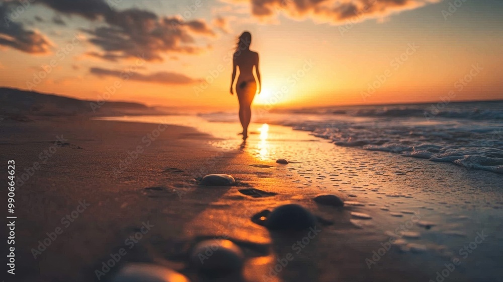Silhouette of a woman walking along the shoreline at sunset with waves lapping gently at her feet Silhouette of a woman walking along the shoreline at sunset with waves lapping gently at her feet
