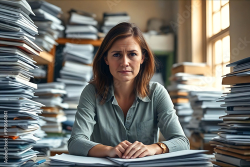 Femme stressée et fatiguée derrière son bureau rempli de papiers à ranger photo