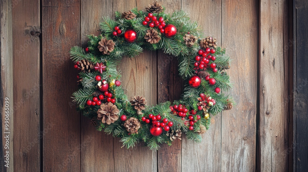 Christmas wreath made of pine branches, red berries, and ornaments, hanging on a rustic wooden door. Christmas wreath made of pine branches, red berries, and ornaments, hanging on a rustic wooden door.