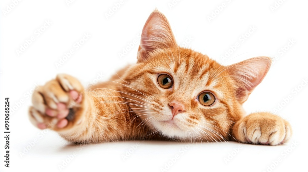 A delightful ginger cat sits gracefully with one front paw raised, gazing curiously at the viewer against a clean white backdrop, showcasing its playful spirit and vibrant fur. A delightful ginger cat sits gracefully with one front paw raised, gazing curiously at the viewer against a clean white backdrop, showcasing its playful spirit and vibrant fur.