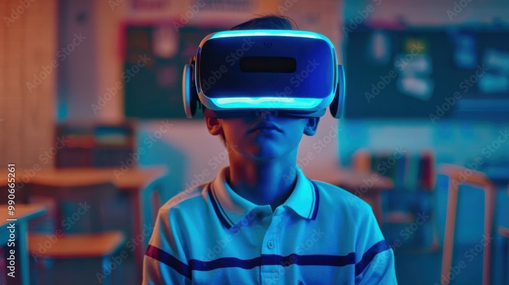 A boy wearing a virtual reality headset in a classroom A boy wearing a virtual reality headset in a classroom