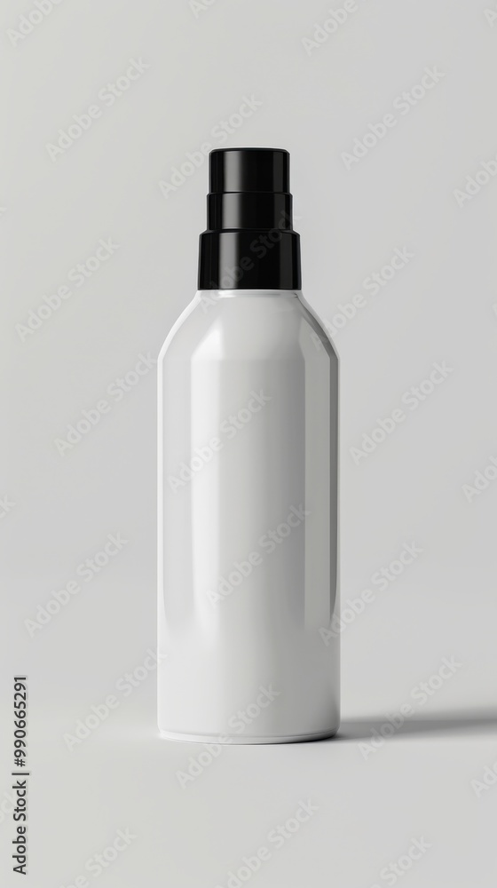 Simple white cosmetic bottle with black cap displayed on a neutral background for product design and branding purposes Simple white cosmetic bottle with black cap displayed on a neutral background for product design and branding purposes