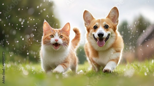 Under a gentle summer rain, a cheerful red cat and a happy corgi dog trot through a vibrant meadow, their playful energy radiating joy and companionship.