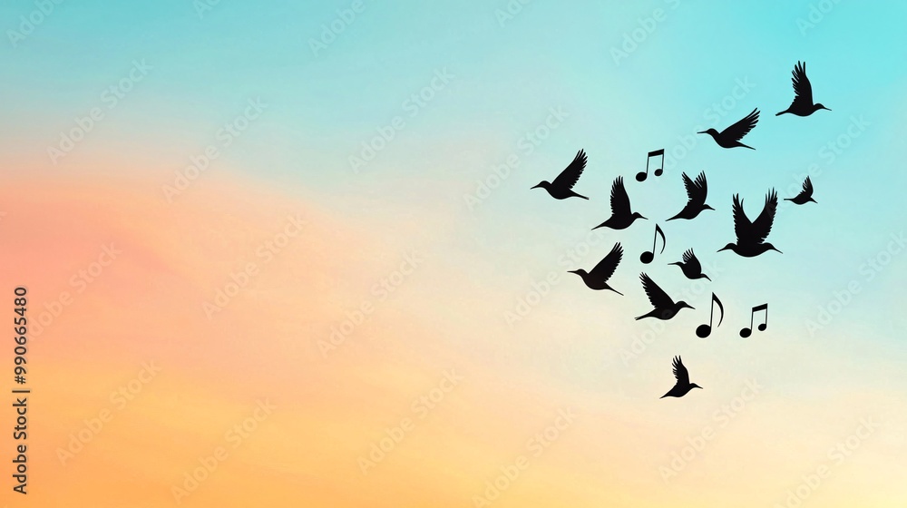 Fototapeta premium Birds flying with musical notes at sunrise