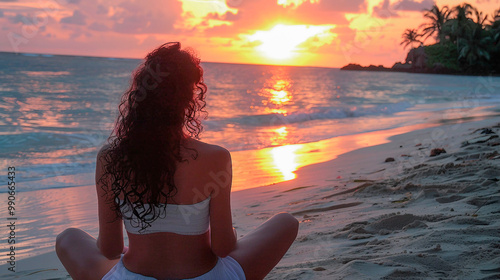 Woman on the ocean beach meditating during sunset