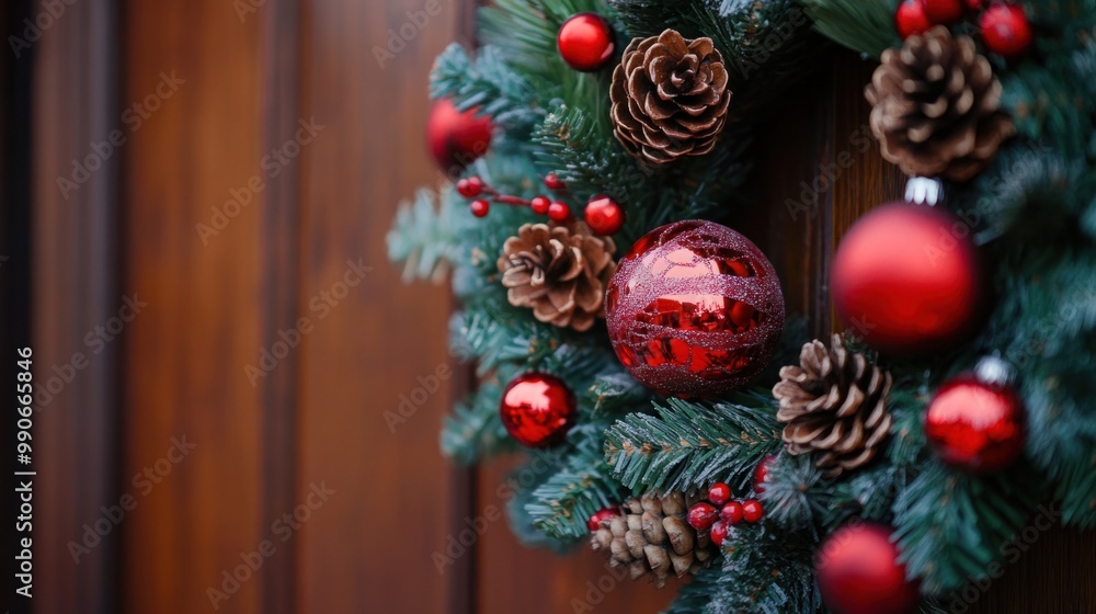 Fototapeta premium Close-up of a decorated Christmas wreath with pinecones, berries, and ornaments hanging on a wooden door.