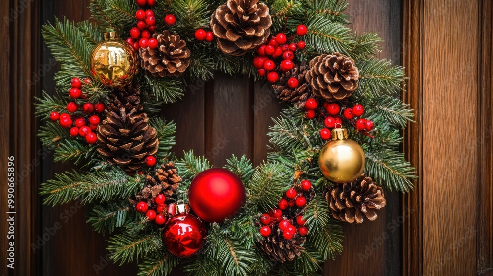 Close-up of a decorated Christmas wreath with pinecones, berries, and ornaments hanging on a wooden door. Close-up of a decorated Christmas wreath with pinecones, berries, and ornaments hanging on a wooden door.