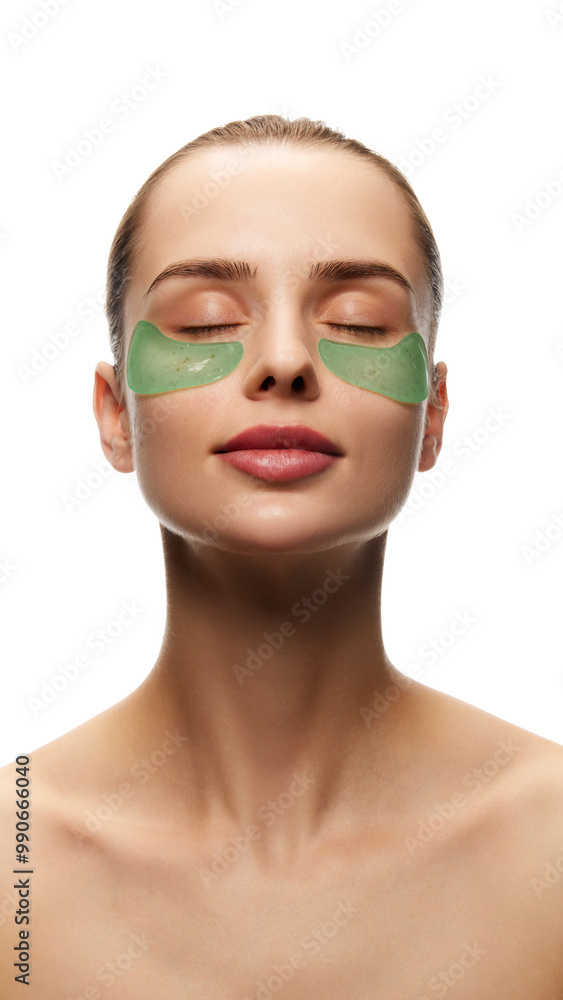 Young woman with clear, spotless skin applying under eye refreshing patches isolated on white background. Pampering morning. Concept of natural female beauty, skin care, cosmetics and cosmetology Young woman with clear, spotless skin applying under eye refreshing patches isolated on white background. Pampering morning. Concept of natural female beauty, skin care, cosmetics and cosmetology