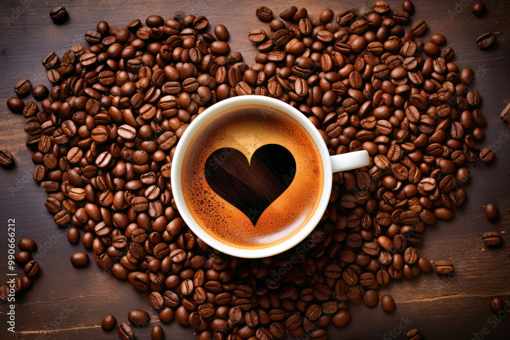 Naklejka premium Espresso coffee cup with coffee beans heart shaped, close up, minimal isolated, ultra realistic coffee espresso, icon, detailed. Cafe product advert. Top view