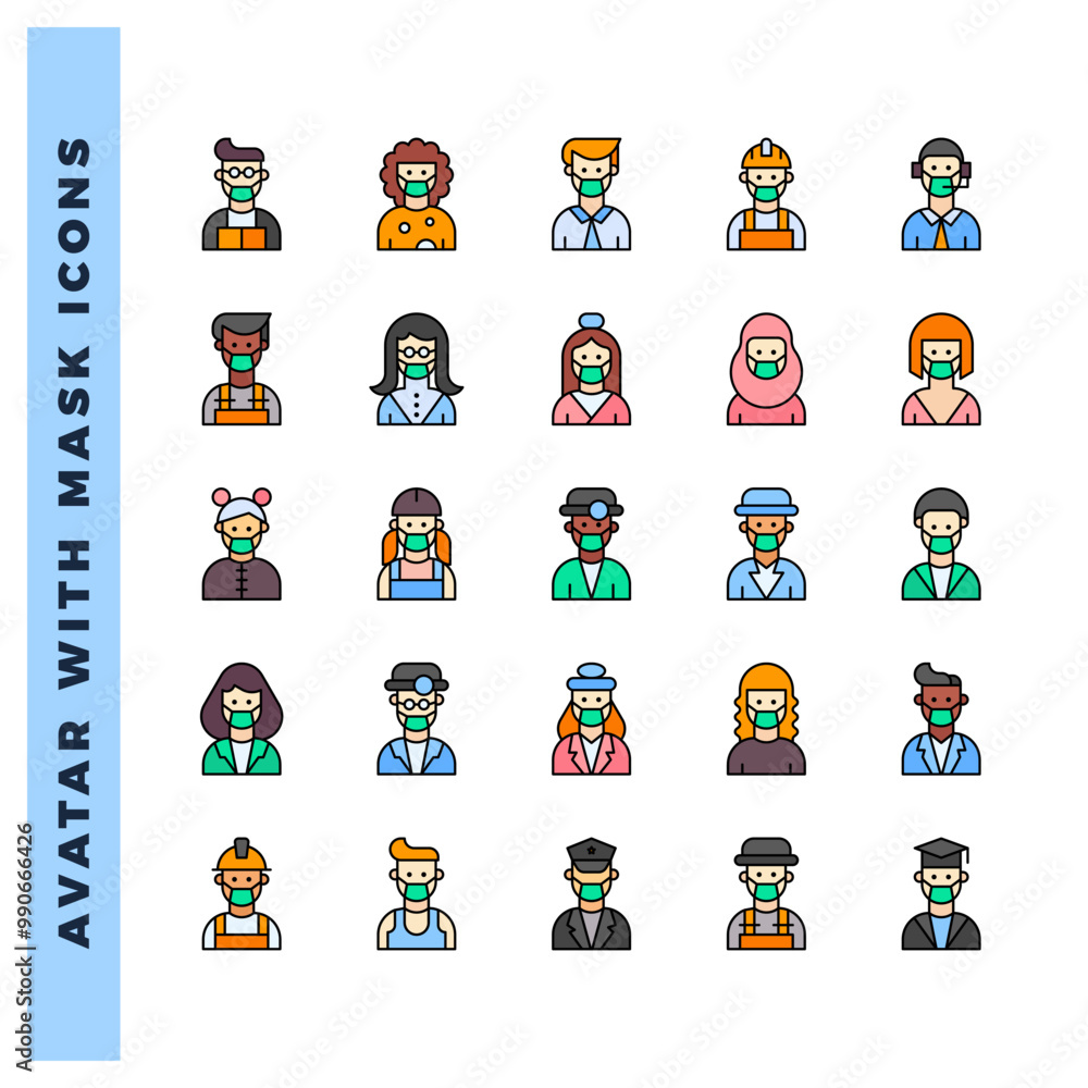 Fototapeta premium 25 Avatars With Medical Masks Lineal Color icon pack. vector illustration.