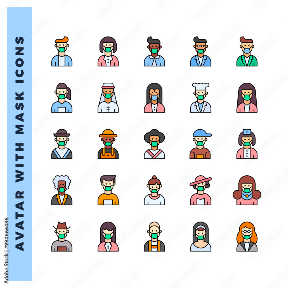 25 Avatars With Medical Masks Lineal Color icon pack. vector illustration. 25 Avatars With Medical Masks Lineal Color icon pack. vector illustration.