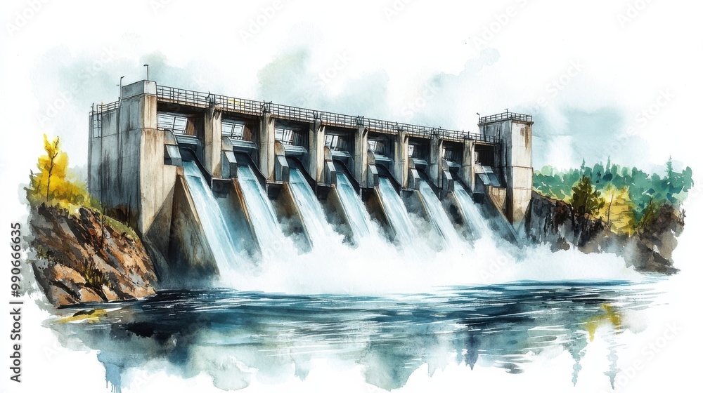 A stunning watercolor depiction of a dam releasing water at sunrise surrounded by nature and serene landscapes A stunning watercolor depiction of a dam releasing water at sunrise surrounded by nature and serene landscapes