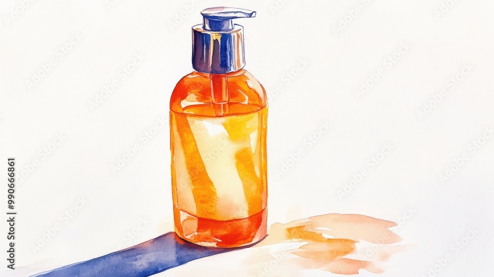 A vibrant, transparent bottle of orange liquid stands prominently, casting a shadow on a light background during the afternoon A vibrant, transparent bottle of orange liquid stands prominently, casting a shadow on a light background during the afternoon
