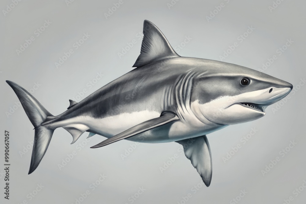 Fototapeta premium * A dynamic black shark cuts through a sea of light gray, its sharp fins and razor-toothed maw
