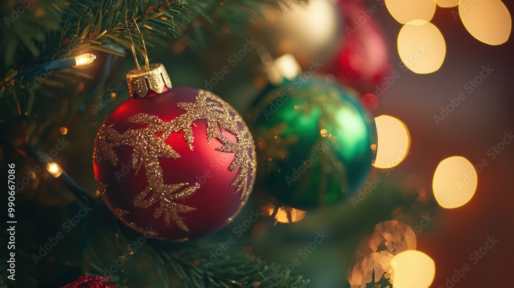 Naklejka premium Close-up of red, green, and gold Christmas baubles on a tree with soft glowing lights.