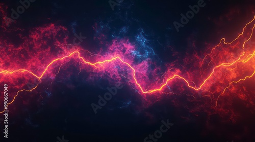 Abstract background with yellow lightning streaks on a dark background with red and blue sparkles.