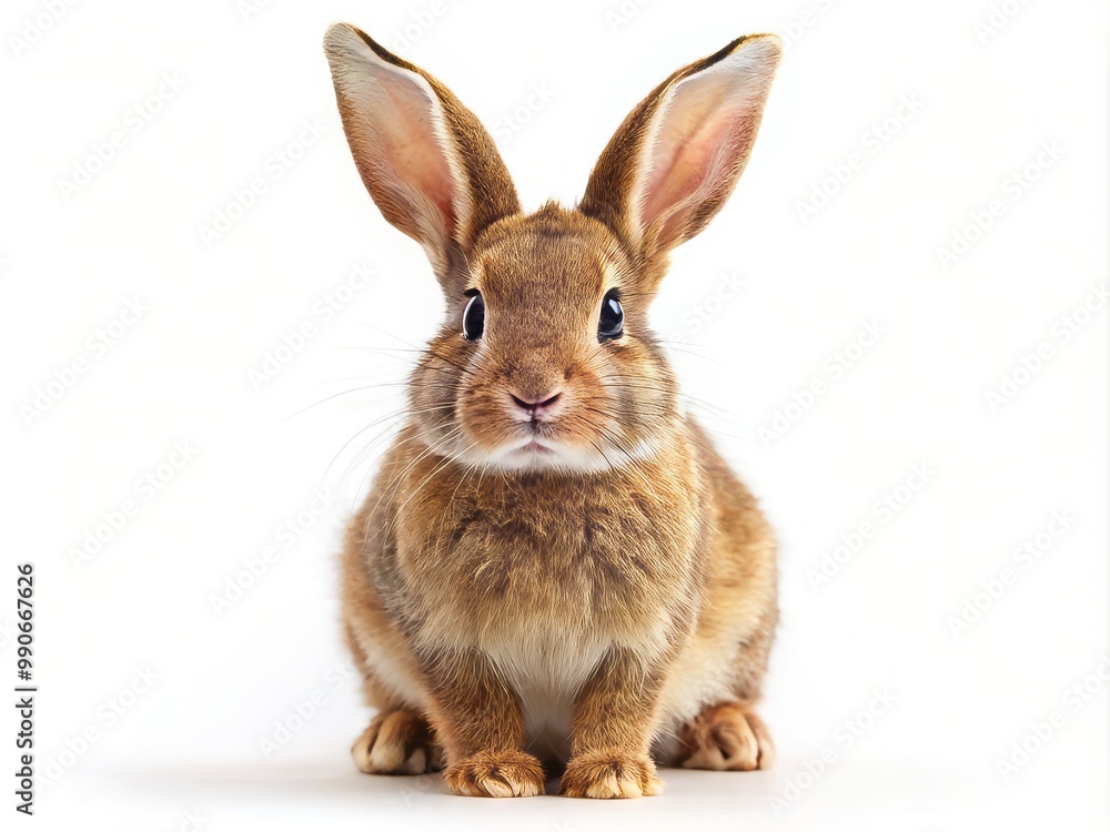A fluffy brown bunny rabbit sits upright, its adorable ears perked up and alert, displaying a tender, innocent, A fluffy brown bunny rabbit sits upright, its adorable ears perked up and alert, displaying a tender, innocent,