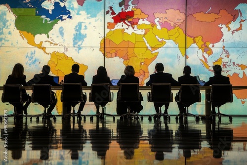 Several foreign ministers sat around a discussion table, engaged in talks on pressing issues. Various national flags were displayed, emphasizing the international atmosphere and diplomatic nature.